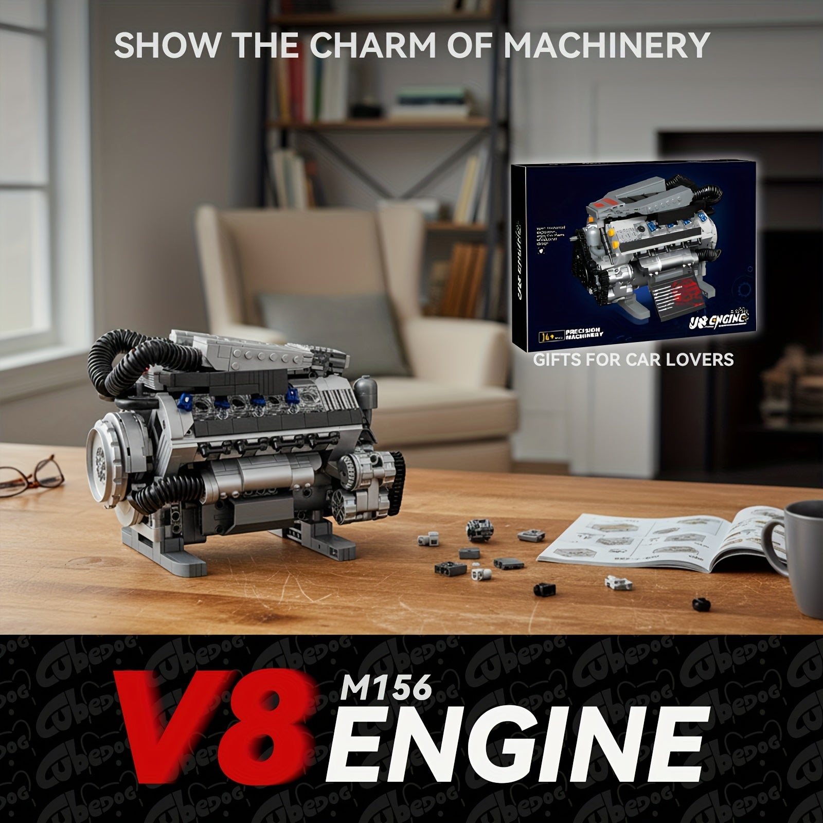 1005pcs V8 Engine Building Set - M156 V8 Car Engine Model Kit with Pistons, Turbo/Supercharger Compatible-Like (Not Included), Realistic 8-Cylinder Assembly Toy for Adults &, STEM Gift for Car Enthusiasts & Collect