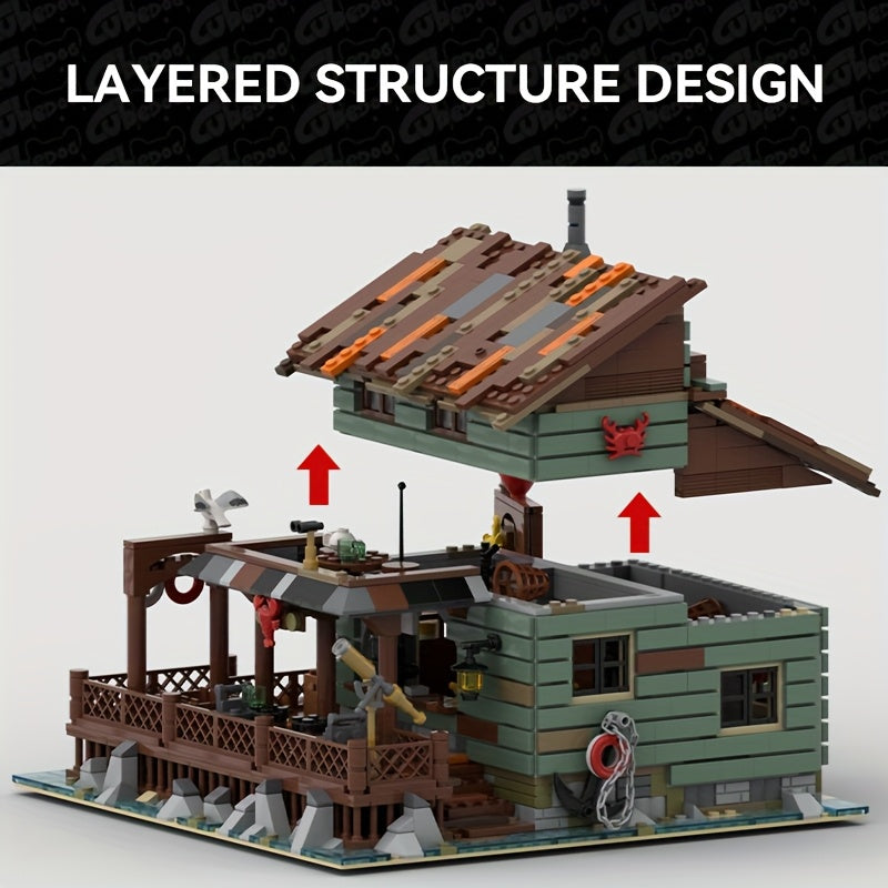1520pcs MOC Fisherman's Hut Building Set with Interlocking Bricks, Miniature Fishing Boat & Nautical - Large-Scale Model Cabin for Adults &, Challenging Assembly, Display or Play, Christmas Gift (European