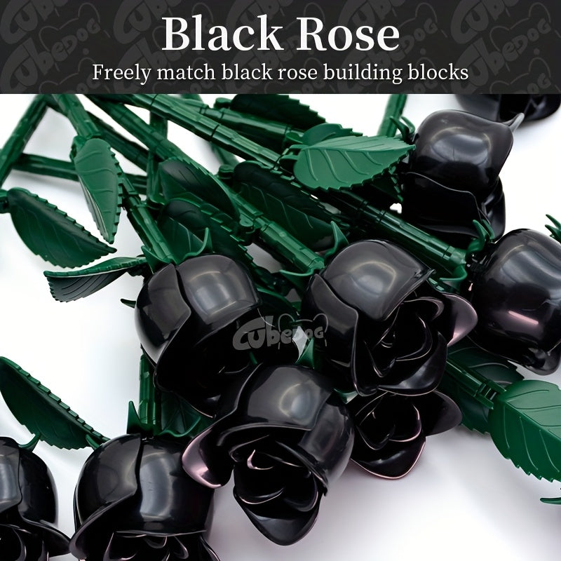 Gothic Black Rose Bouquet Building Blocks Set, Artificial Everlasting Flower Plant Series Model Toy, Includes 12 Roses, Adult Home Decor Ornament, Valentine'S Day and Birthday Gift, 1002+pcs