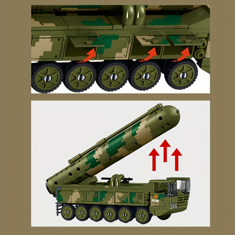 1 Set Intercontinental Missile Launch Vehicle Building Set - Realistic ICBM Missile System Model with Soldier Figure, Missile Launcher & Transport Truck, STEM Educational Toy for &, Military Collector's Display (DF Military Series