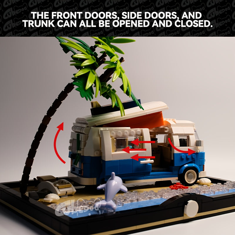 Holiday Beach RV Street View Building Block Set, Island Camping Scene Architecture Christmas Travel Bus Car Model Toy, Multiple Opening And Closing Designs, Halloween Decoration Gift, 1001pcs