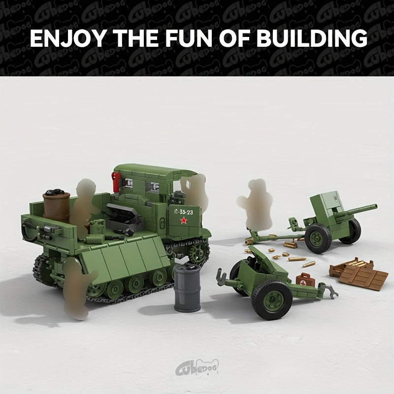 Military Medium Tracked Tractor and Anti-Tank Gun Building Block Set, Military Series Military Truck, Armored Vehicle, Ammunition Transport Vehicle, and Artillery Model Toy, Includes 3 Soldiers, Christmas Halloween Birthday Gift for Military