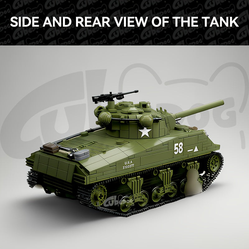 M4A3 Sherman Tank Building Blocks Set, Classic American Heavy Armored Vehicle Toy with Four Soldier Models and Weapons, Movie and Military Enthusiast Holiday Gift, 1100+pcs, ABS Material,Detailed Model, Building Blocks Toys