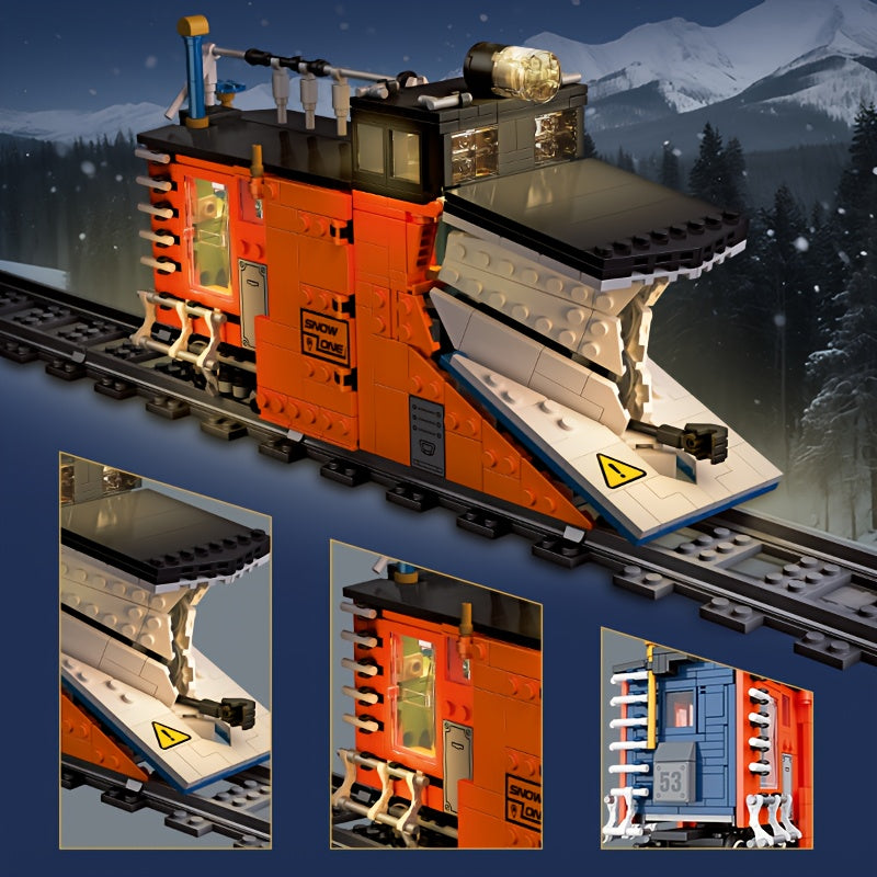 1020pcs Large-Scale Snow Plow Train Building Block Set with Steam Locomotive, Snow Shovel & Snow Blower - Realistic Winter Railway Model with Opening Doors