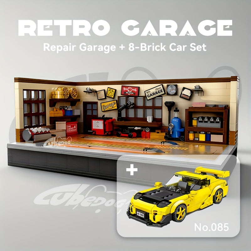 1001pcs Vintage Garage Building Block Set, Compatible with Mini Eight-Slot Car Models for MOC Scenes, DIY Miniature Car Repair Shop Toy, Perfect for Car Enthusiasts to Collect, Holiday Gift.