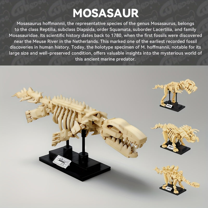4in1 Jurassic Dinosaur Fossil Building Block Toy Set, Tyrannosaurus, Stegosaurus, Triceratops, Mosasaurus Can be combined into a Large Brachiosaurus, Adult Museum Park Series Model, 1200+pcs