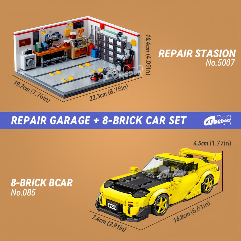 1002pcs Mini Sports Car Garage Building Blocks Set, MOC Scene can be matched with mini JDM 8-Bricks car model, DIY Car repair miniature toys, suitable for car enthusiasts collection, holiday gifts