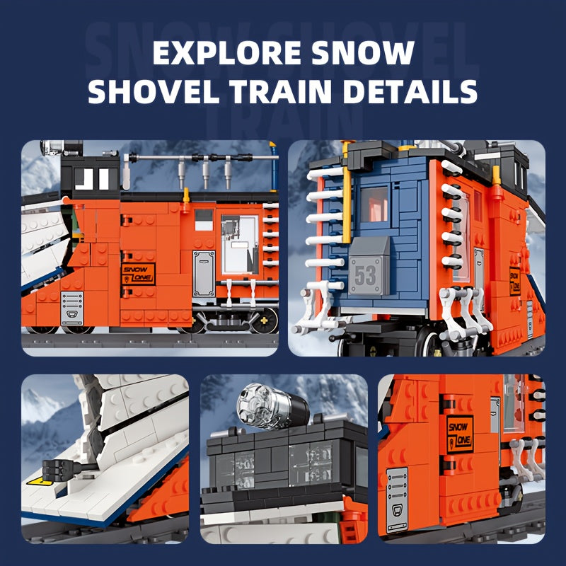 1020pcs Large-Scale Snow Plow Train Building Block Set with Steam Locomotive, Snow Shovel & Snow Blower - Realistic Winter Railway Model with Opening Doors