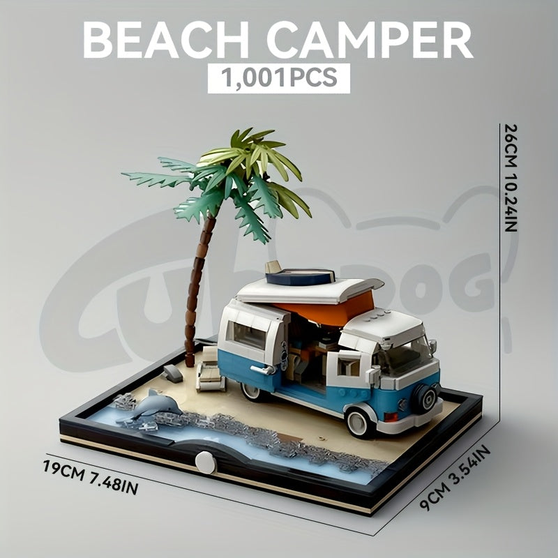 Beach Camper Van Building Blocks Set, Holiday Travel Toy Miniature Landscape Model, Adult Seaside Scene Decor, 1001pcs