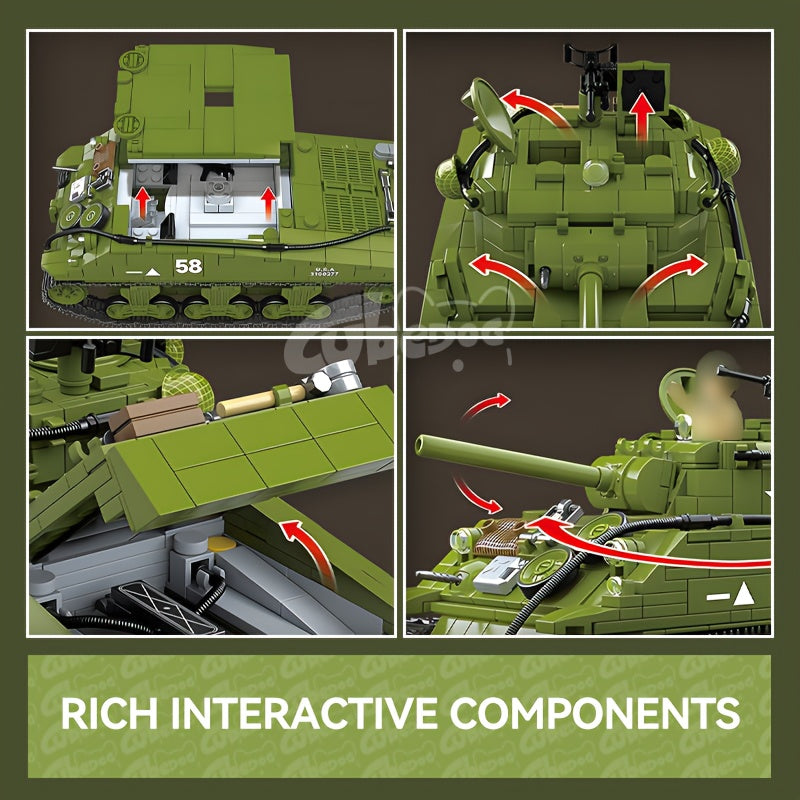 M4A3 Sherman Tank Building Blocks Set, Classic American Heavy Armored Vehicle Toy with Four Soldier Models and Weapons, Movie and Military Enthusiast Holiday Gift, 1100+pcs, ABS Material,Detailed Model, Building Blocks Toys