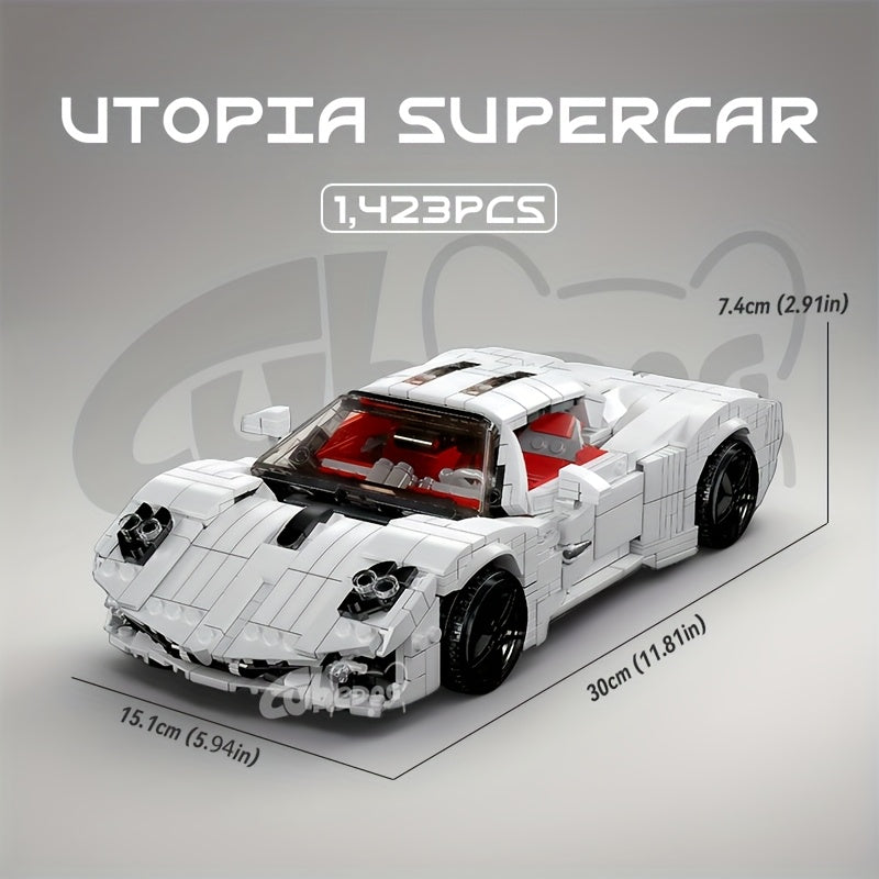 1423pcs White Utopia Super Sports Car Building Blocks Toy, Luxury Outdoor Vacation Car Model, Perfect collection ornaments for car enthusiasts, Ideal Birthday and Holiday Gift.