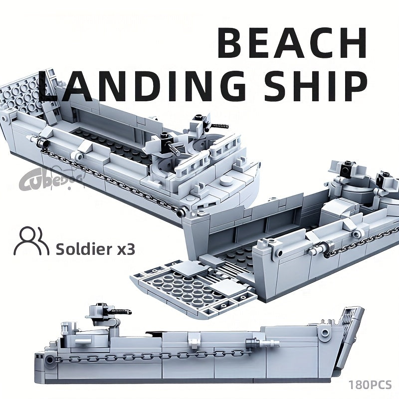 American Military Amphibious Landing Ship Building Block Toy Set, Normandy Amphibious Transport Ship Assembly Model with Three Soldiers, Educational Toy for Kids, Classic Movie and TV Series Boat, Military Enthusiast Christmas Gift