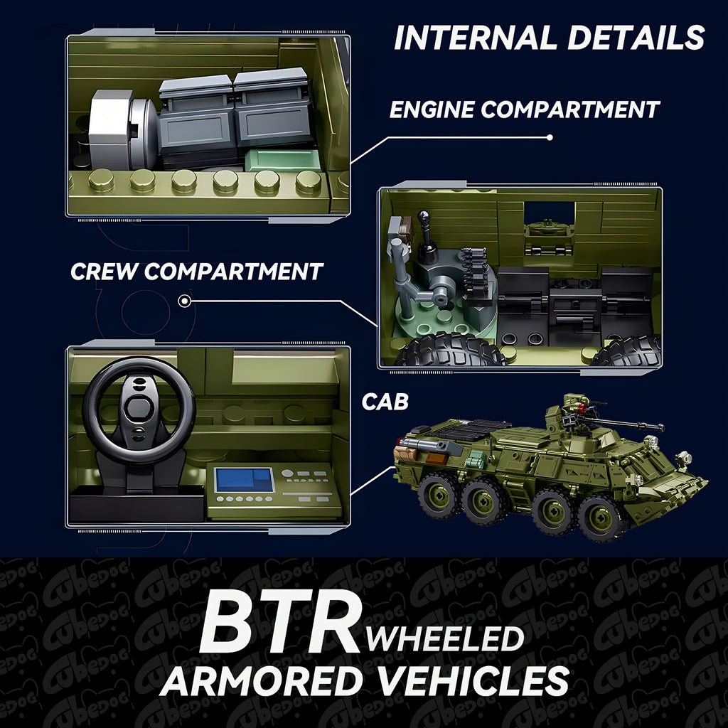 1004pcs BTR Wheeled Armored Vehicle Building Blocks Set, Military Series Armored Transport Vehicle Assembly Toy Model, Armored Vehicle Set Includes Four Soldier Members