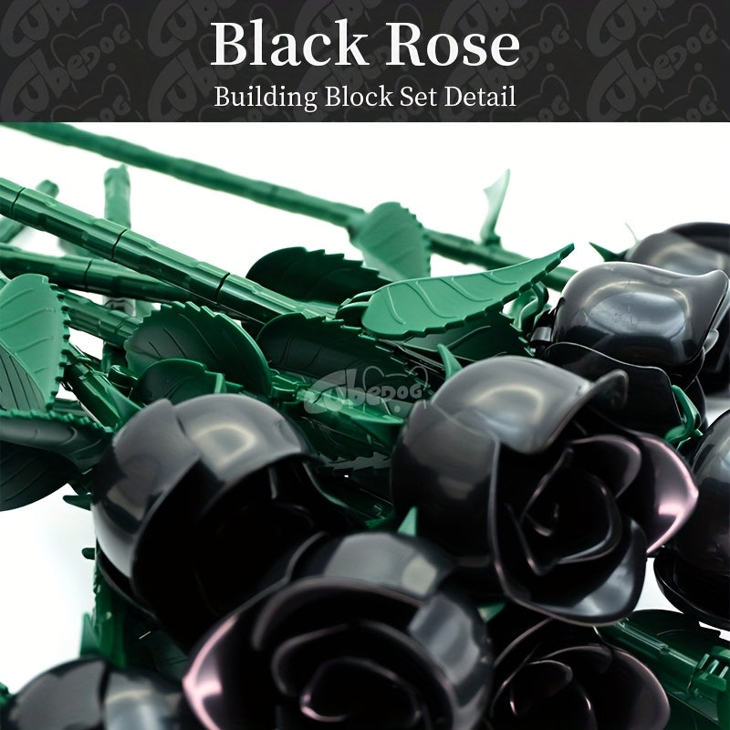Gothic Black Rose Bouquet Building Blocks Set, Artificial Everlasting Flower Plant Series Model Toy, Includes 12 Roses, Adult Home Decor Ornament, Valentine'S Day and Birthday Gift, 1002+pcs