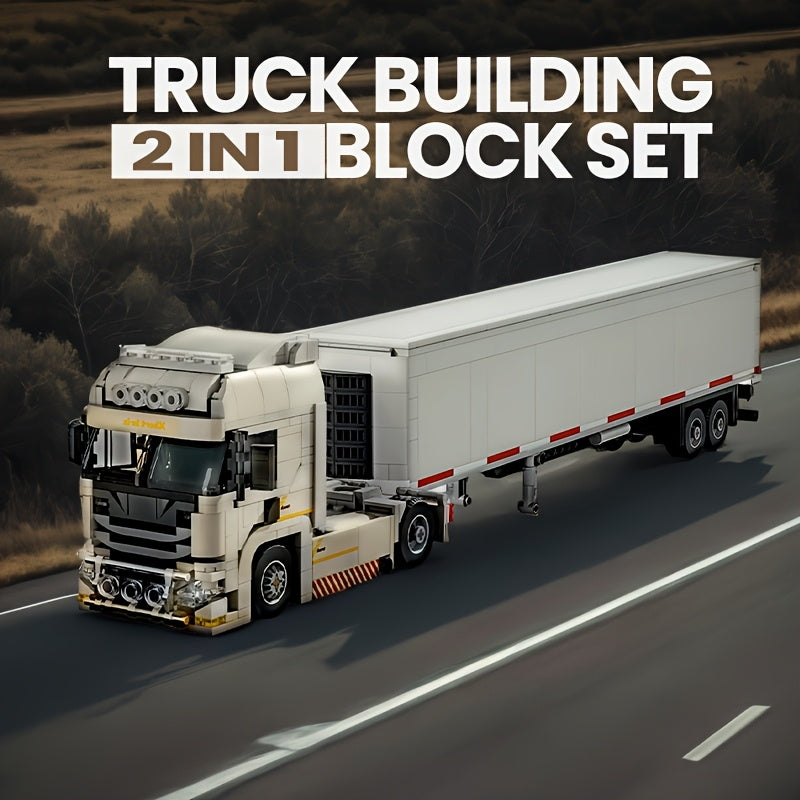 1002pcs 2in1 European truck building block set toys, trucks can be connected to containers, free combination models, suitable for truck enthusiasts to collect, can be used as holiday gifts