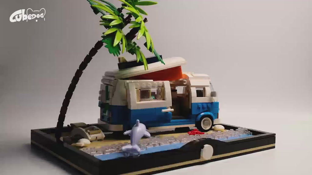 Beach Camper Van Building Blocks Set, Holiday Travel Toy Miniature Landscape Model, Adult Seaside Scene Decor, 1001pcs